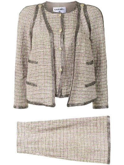 Pre-owned Chanel Glitter Detailing Skirt Suit In Green