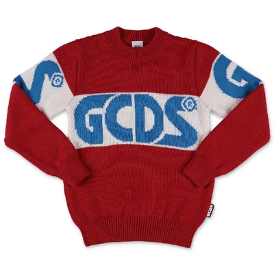 Gcds Kids' Intarsia Knit Wool Blend Sweater In Red