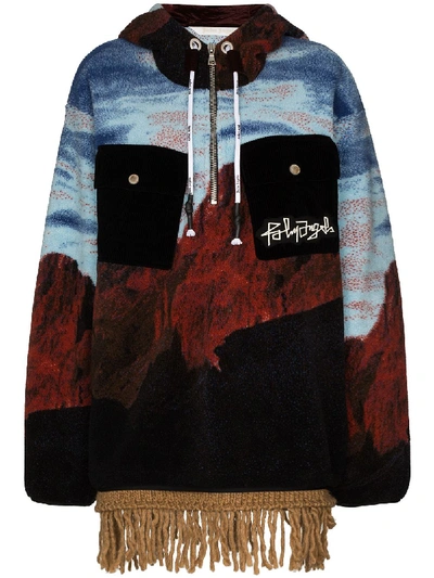 Palm Angels Canyon Print Fringed Hoodie In Blue