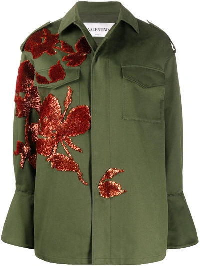 Valentino Floral-embroidery Military Jacket In Green