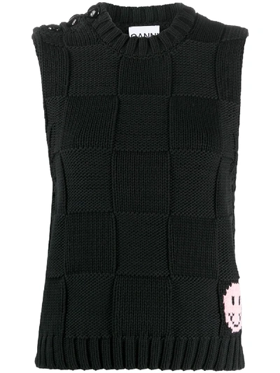 Ganni Smiley-intarsia Knitted Vest Top In Black