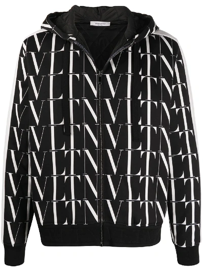 Valentino Vltn-print Hooded Jacket In Black