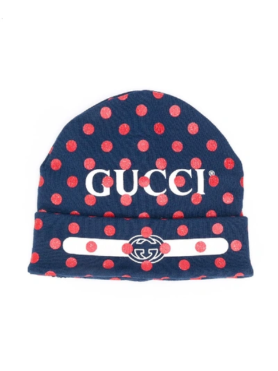 Gucci Kids' Logo-print Polka Dot Beanie Hat In Blue