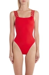 Versace Square-neck Greca-strap One-piece Swimsuit In Red