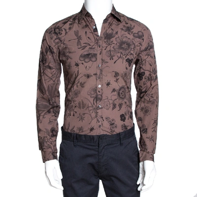 Pre-owned Gucci Deep Taupe Floral Print Cotton Skinny Fit Shirt Xs In Brown