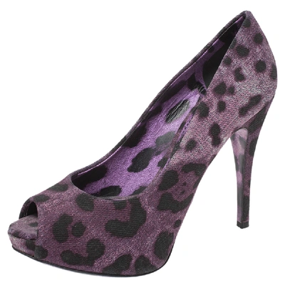 Pre-owned Dolce & Gabbana Purple/black Leopard Print Denim Peep Toe Platform Pumps Size 36.5