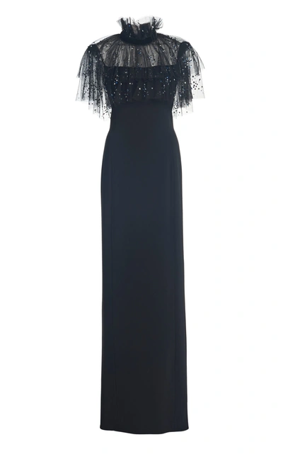 Jenny Packham Ruffle-embellished Crepe Dress In Black