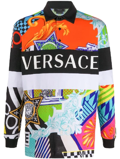 Versace Abstract-print Polo Shirt In Black ,orange