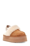 Ugg Platform Mules Made Of Camel-colored Leather With Faux Fur And Elastic Back In Brown