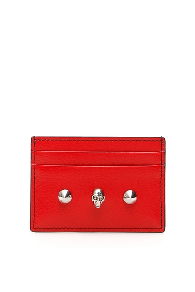 Alexander Mcqueen Skull & Studs Leather Card Case In Fuchsia,red
