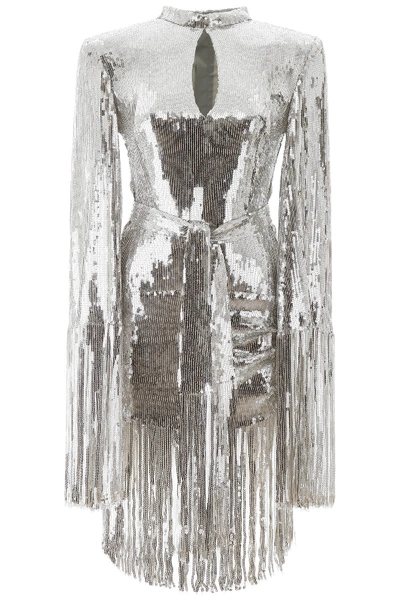 Balmain Sequined Dress With Fringes In Silver