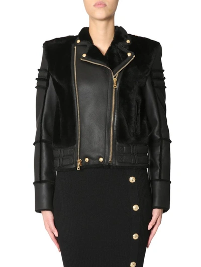 Balmain Biker Suede Leather Jacket With Fur Inserts In Black