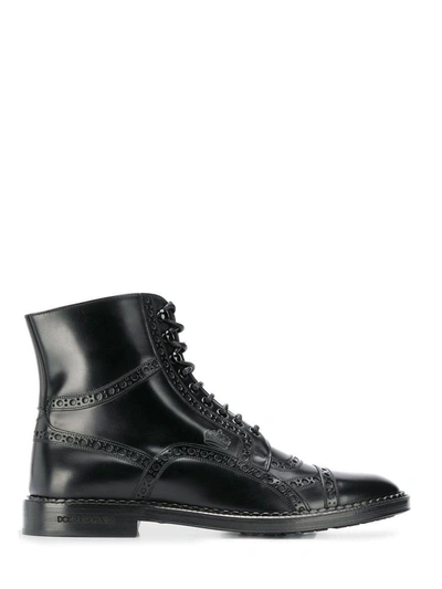 Dolce & Gabbana Calfskin Full Brogue Ankle Boots In Black