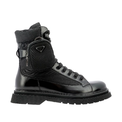 Prada Combat Ankle Boot In Black Leather In Nero