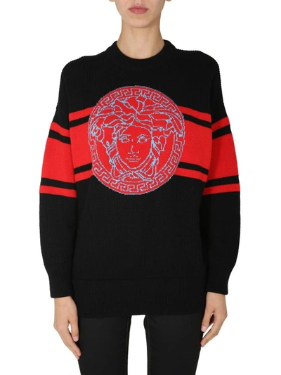 Versace Wool Sweater With Logo In Black