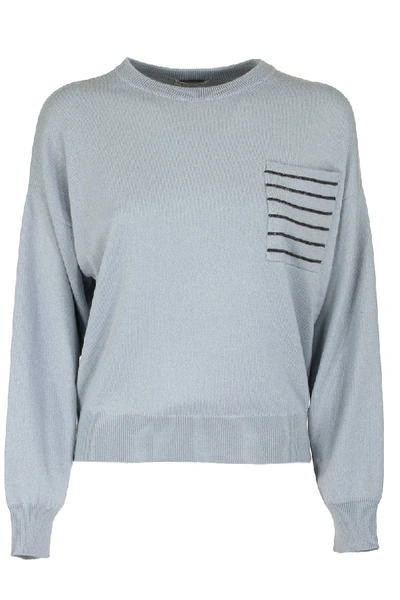 Brunello Cucinelli Crewneck Sweater Cashmere Sweater With Monili In Light Blue