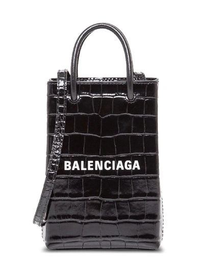 Balenciaga Croco Printed Shopping Crossbody  Bag In Black