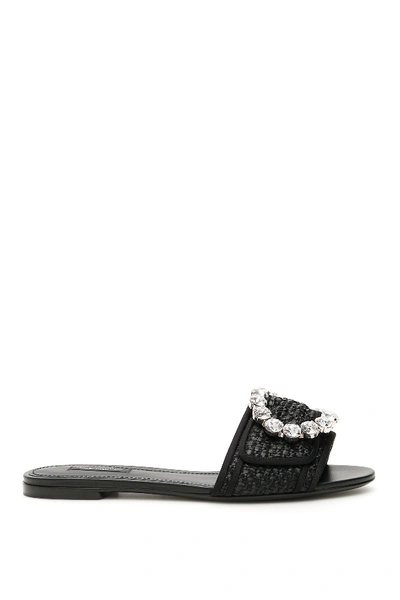 Dolce & Gabbana Black Leather & Viscose Jewel Slider Sandal