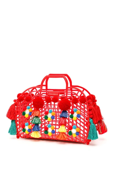 Dolce & Gabbana Red Gomma + Ricamo Pom-pom Embellished Leather Trim Tote Bag