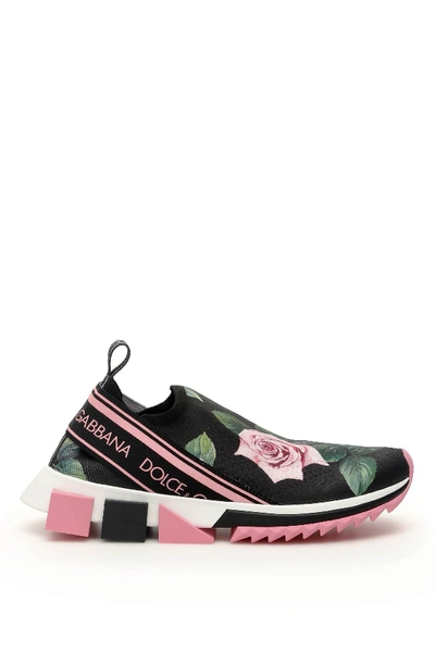 Dolce & Gabbana Tropical Rose Print Sorrento Sneakers In Black,pink,green