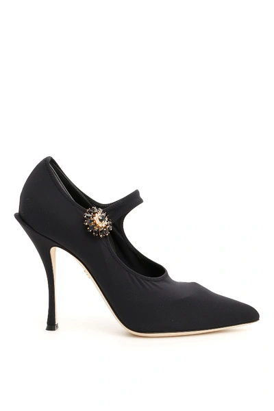 Dolce & Gabbana 105弹性水晶纽扣玛丽珍高跟鞋 In Black