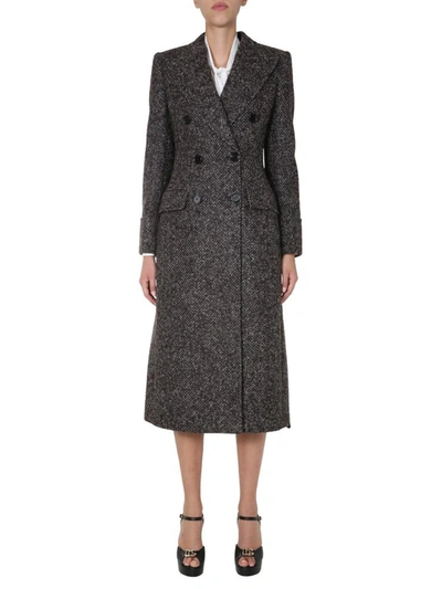 Dolce & Gabbana Belted Micro Tweed Double-breasted Coat In Brown,beige