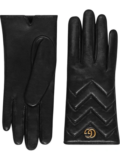 Gucci Black Leather Gg Marmont Gloves In Black