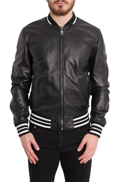 Dolce & Gabbana Leather Varsity Jacket In Black