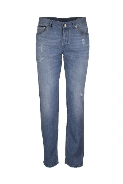 Brunello Cucinelli Lightweight Denim Traditional Fit Five-pocket Trousers With Rip Details In Blue