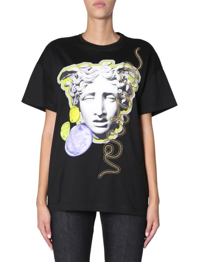 Versace Embellished Printed Cotton-jersey T-shirt In Black