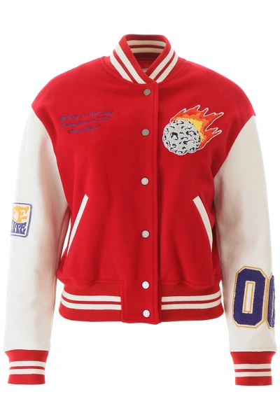 Off-white Varsity Bomber Jacket With Patches In White,red