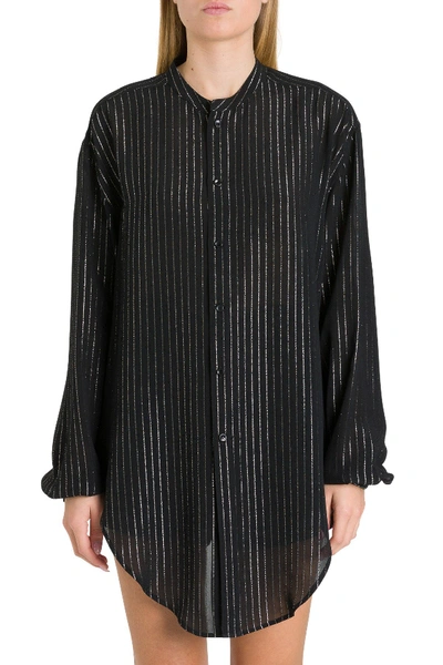 Saint Laurent Overisized Shirt With Silver Stripes Motif In Black