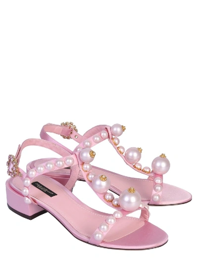 Dolce & Gabbana Bejeweled Satin Sandals With Pearl Embroidery In Pink
