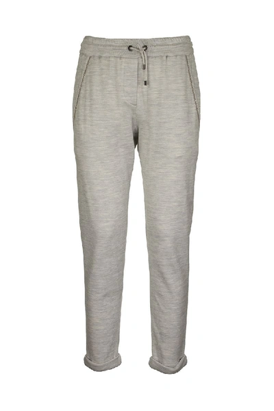 Brunello Cucinelli Stretch Cotton Lightweight French Terry Trousers With Monili In Light Grey