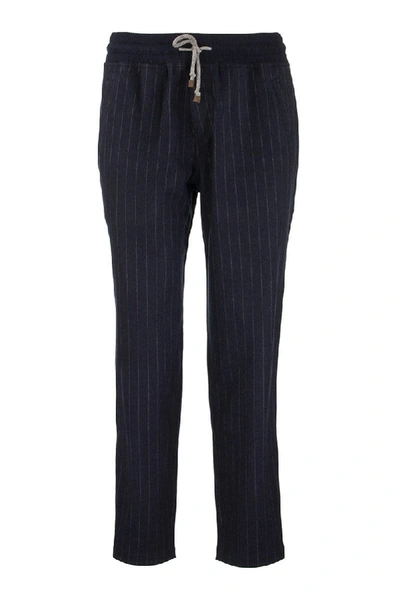 Brunello Cucinelli Sweatpants Cashmere And Cotton Chalk Stripe French Terry Trousers In Navy