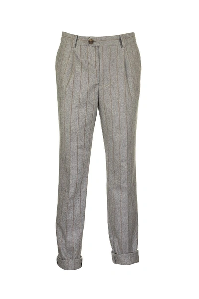Brunello Cucinelli Virgin Wool Chalk Stripe Flannel Smooth Fit Trousers With Double Pleat In Grey