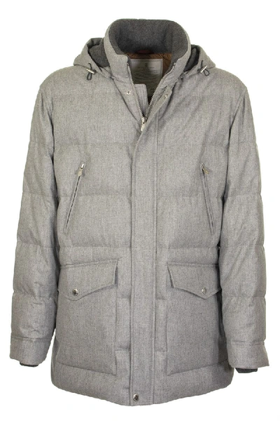 Brunello Cucinelli Water-resistant Lightweight Wool, Silk And Cashmere Flannel Down Jacket With Deta In Grey