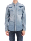 Saint Laurent Men's Destroyed Denim Western Shirt In Light Blue