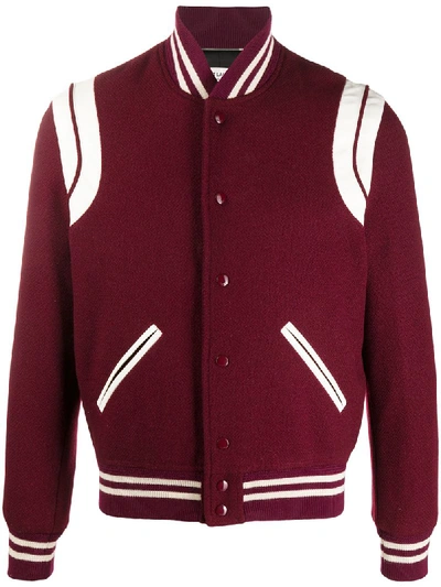 Saint Laurent Burgundy Wool Teddy Bomber Jacket In Bordeaux
