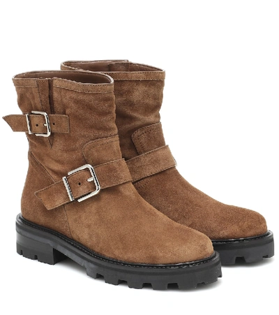 Jimmy Choo Youth Ii Suede Short Biker Boots In Brown