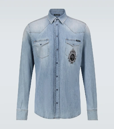 Dolce & Gabbana Straight-fit Denim Shirt With Logo In Blue