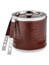 Graphic Image Crocodile-embossed Leather Stainless Steel 2-piece Ice Bucket & Tongs Set In Brown