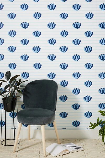 Clare V Lotus Striped Wallpaper In Blue