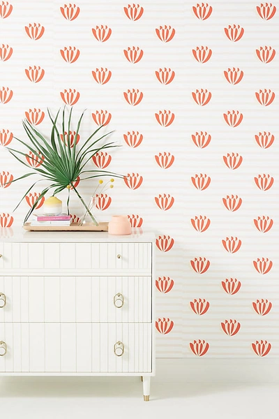 Clare V Lotus Striped Wallpaper In Pink
