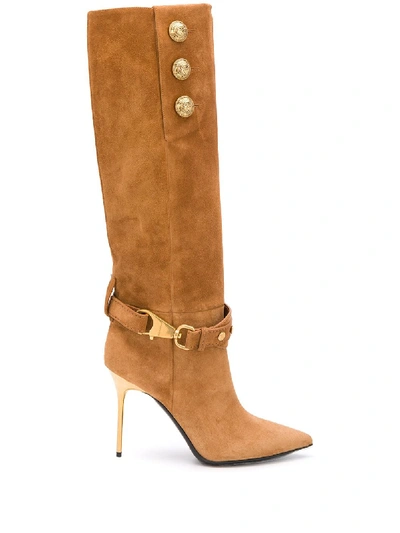 Balmain Gold-tone Detail Pointed Toe Boots In Neutrals