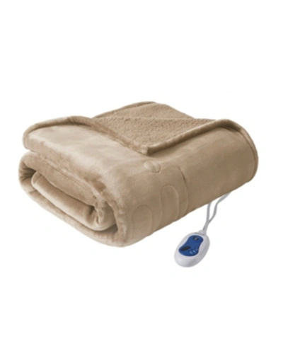 Beautyrest Oversized Solid Microlight Reverses To Micro Berber Electric Throw Bedding In Beige