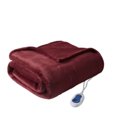 Beautyrest Oversized Solid Microlight Reverses To Micro Berber Electric Throw Bedding In Garnet