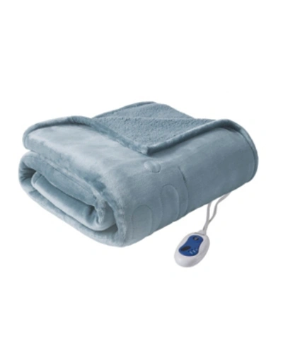Beautyrest Oversized Solid Microlight Reverses To Micro Berber Electric Throw Bedding In Sapphire