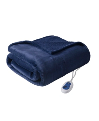 Beautyrest Oversized Solid Microlight Reverses To Micro Berber Electric Throw Bedding In Indigo