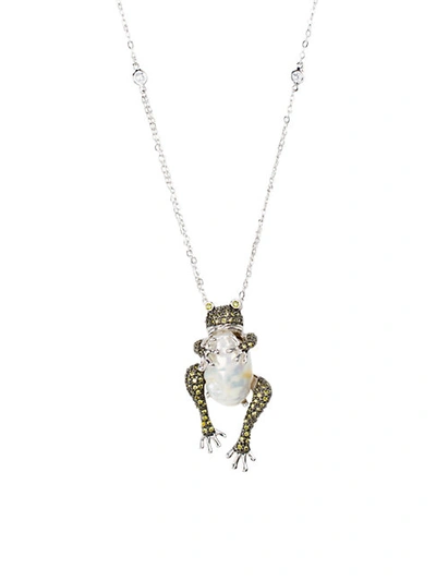 Cz By Kenneth Jay Lane Animal Trend Rhodium-plated, Freshwater Pearl & Crystal Frog Pendant Necklace